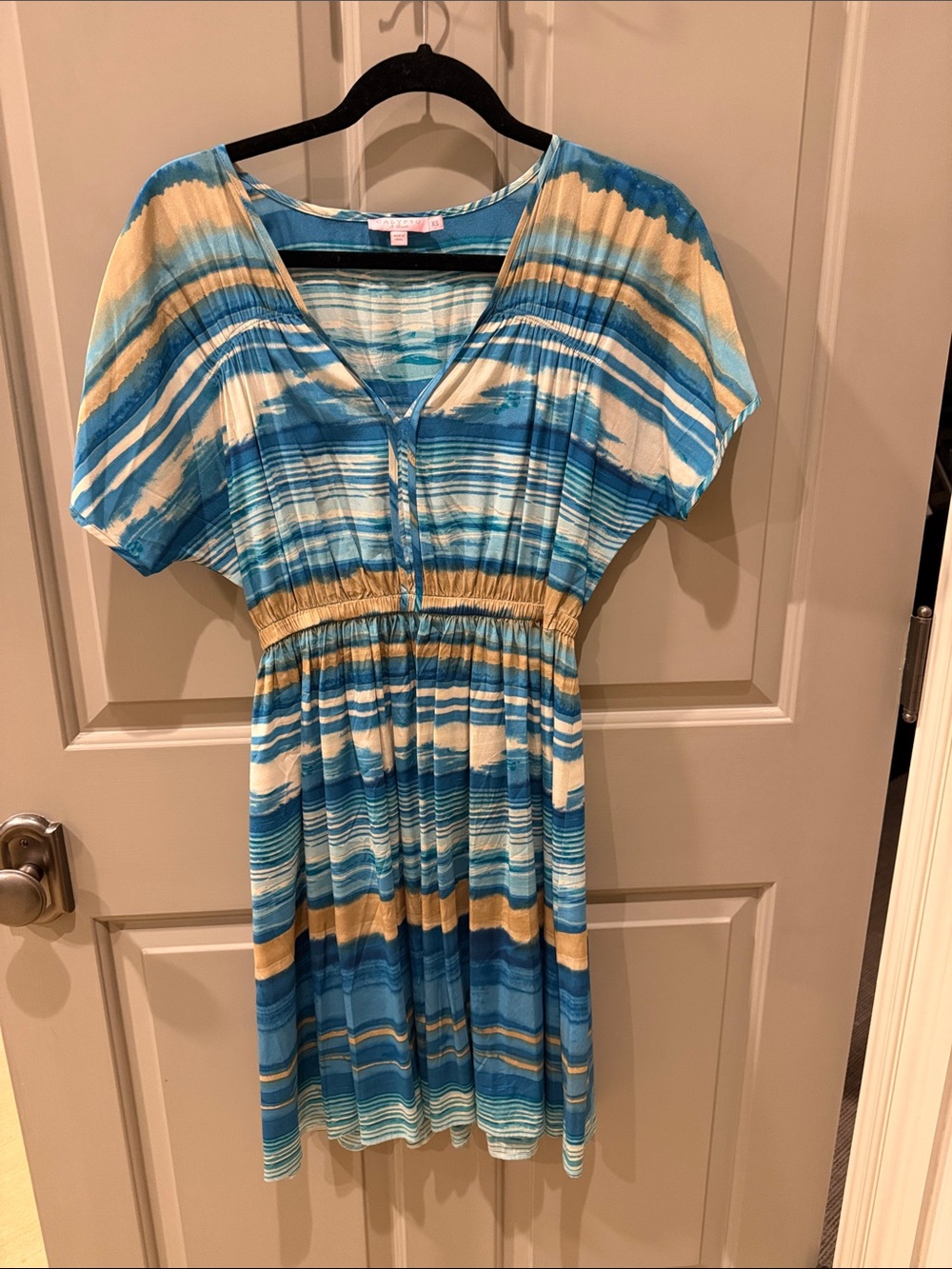 Calypso St. Barth Blue and Cream Striped Mini Dress with Gold Accents